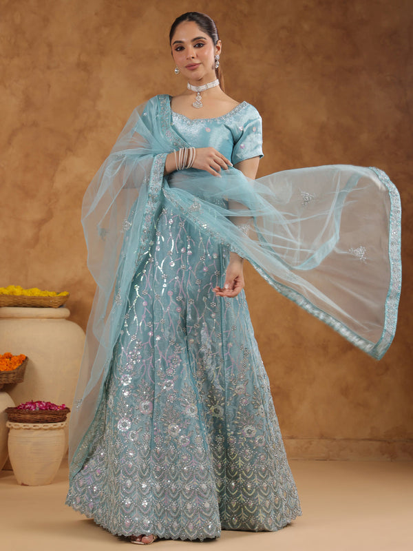 Light Blue Organza Zari Embroidered Semi-Stitched Lehenga Choli with Dupatta Set