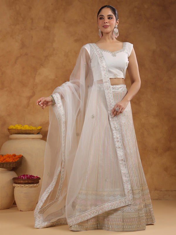 Off White Net Zari Embroidered Semi-Stitched Lehenga Choli with Dupatta Set