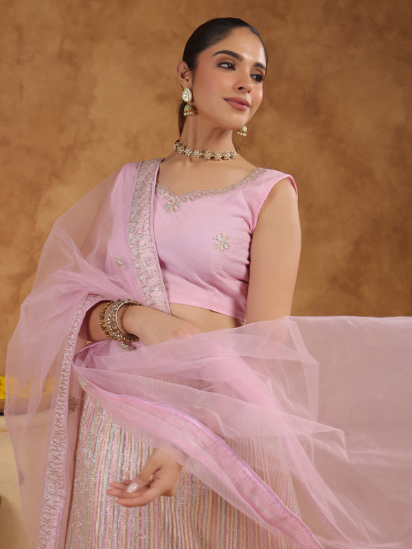 Pink Net Zari Embroidered Semi-Stitched Lehenga Choli with Dupatta Set