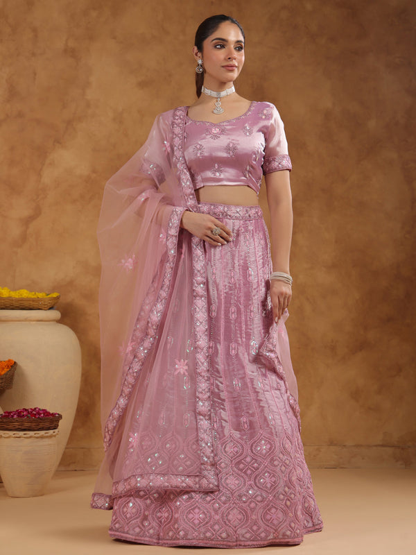 Pink Organza Zari Embroidered Semi-Stitched Lehenga Choli with Dupatta Set