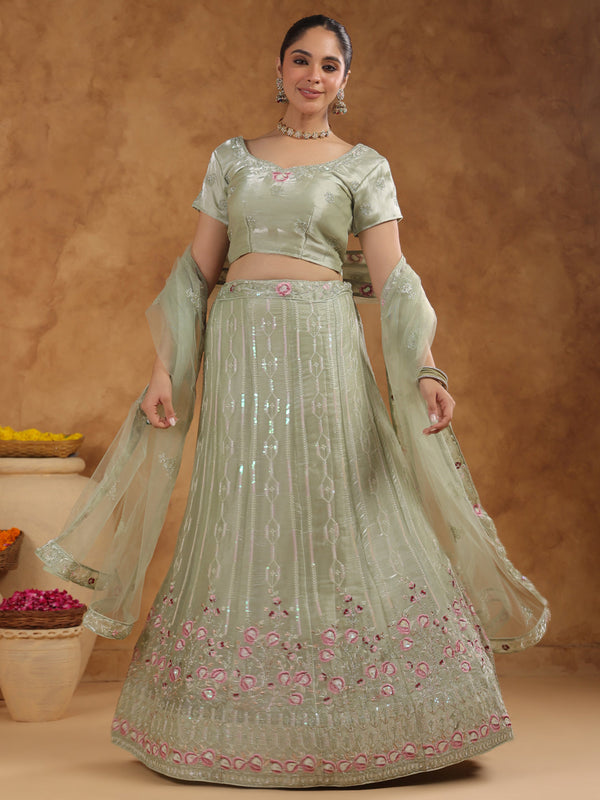 Pista Green Organza Embroidered Semi-Stitched Lehenga Choli with Dupatta Set