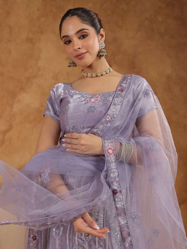 Lavender Organza Zari Embroidered Semi-Stitched Lehenga Choli with Dupatta Set