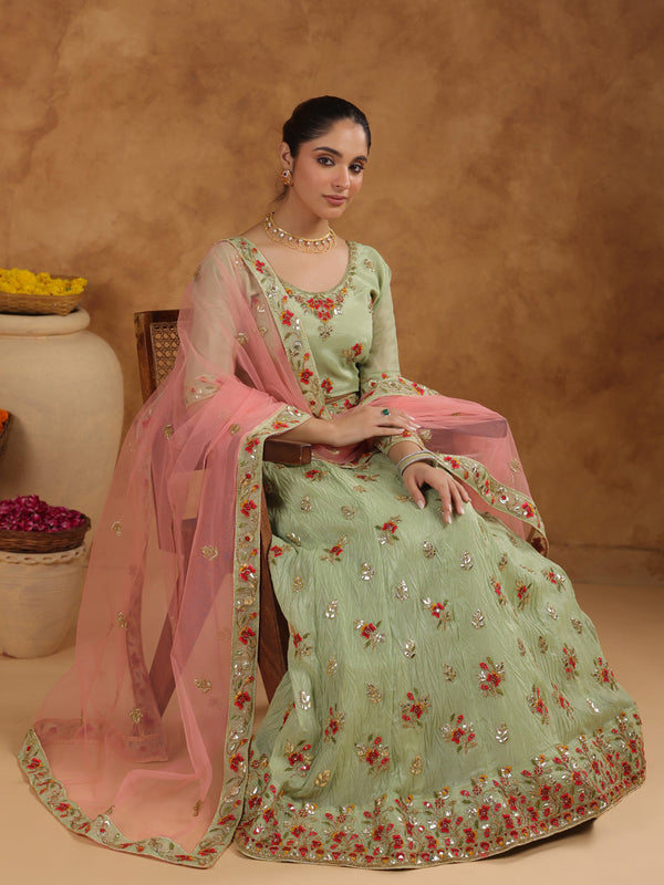 Pista Green Zari Art Silk Embroidered Semi-Stitched Lehenga Choli with Dupatta Set