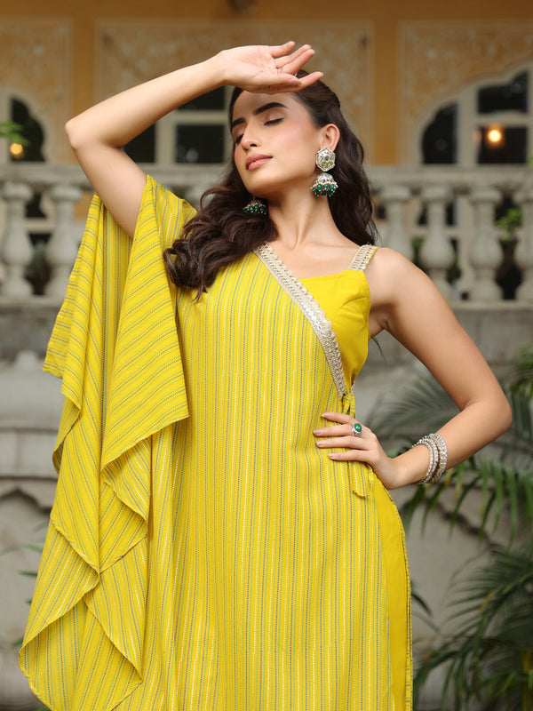 Yellow Embellished Top With Pant and Cape Set