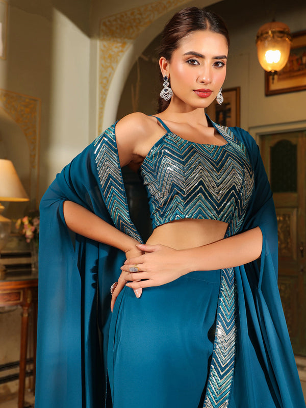 Teal Blue Georgette Sequined Crop Top With Pant & Cape Set