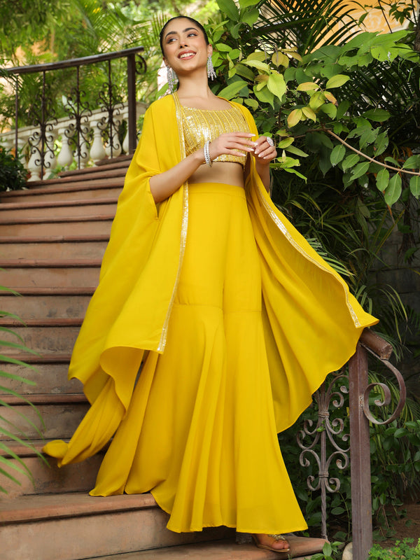 Yellow Georgette Sequined Crop Top With Sharara & Cape Set