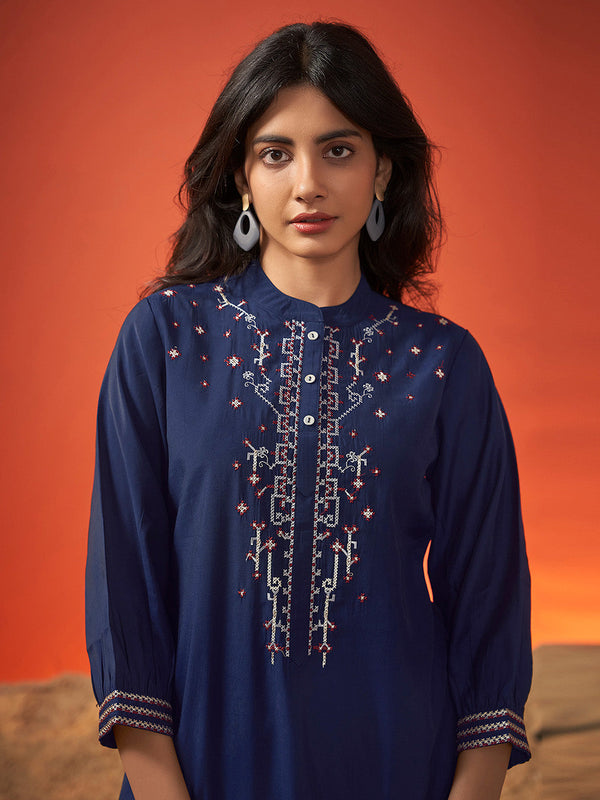 Navy Blue Viscose Embroidered Co-Ords Set