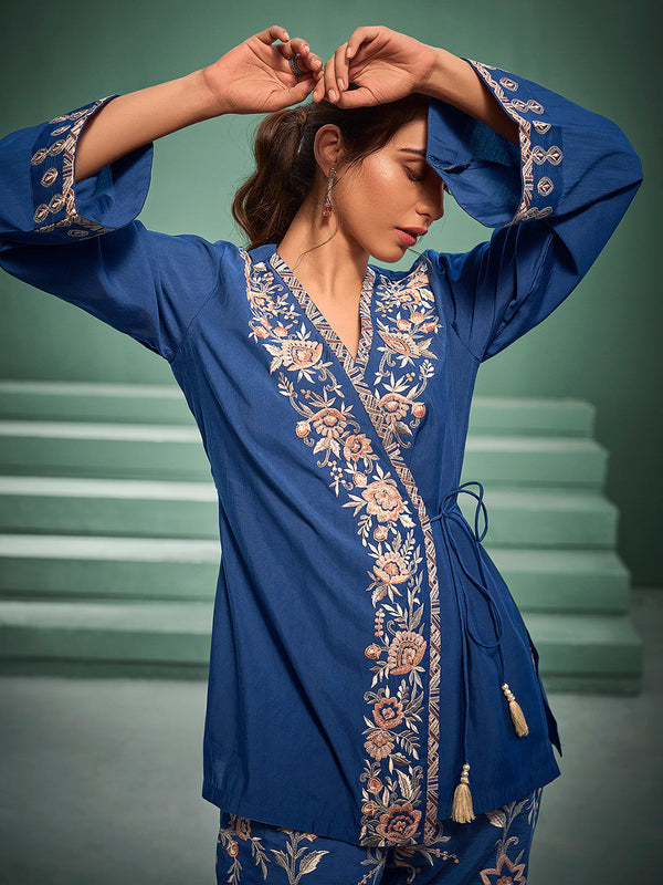 Blue Silk Blend Embroidered Wrap Style Co-Ord Set