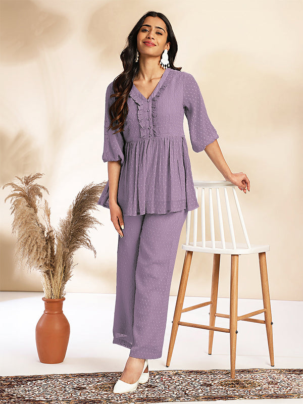 Lavender Dobby Chiffon Self Design Peplum Co-Ord Set