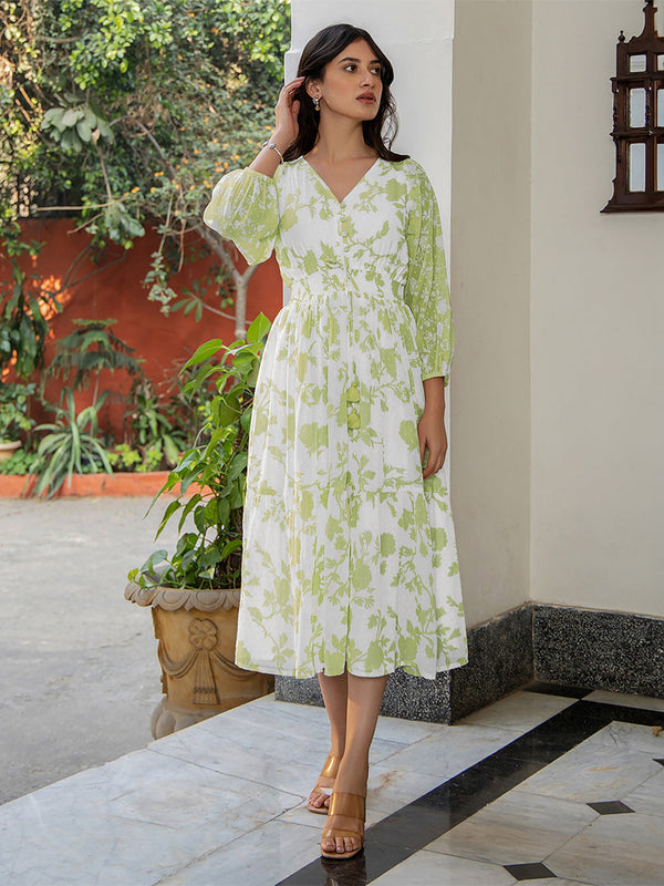 Green Dobby Georgette Floral Printed Fit & Flare Dress