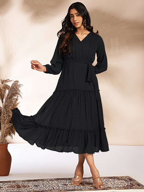 Black Dobby Chiffon Woven Design Tiered Dress