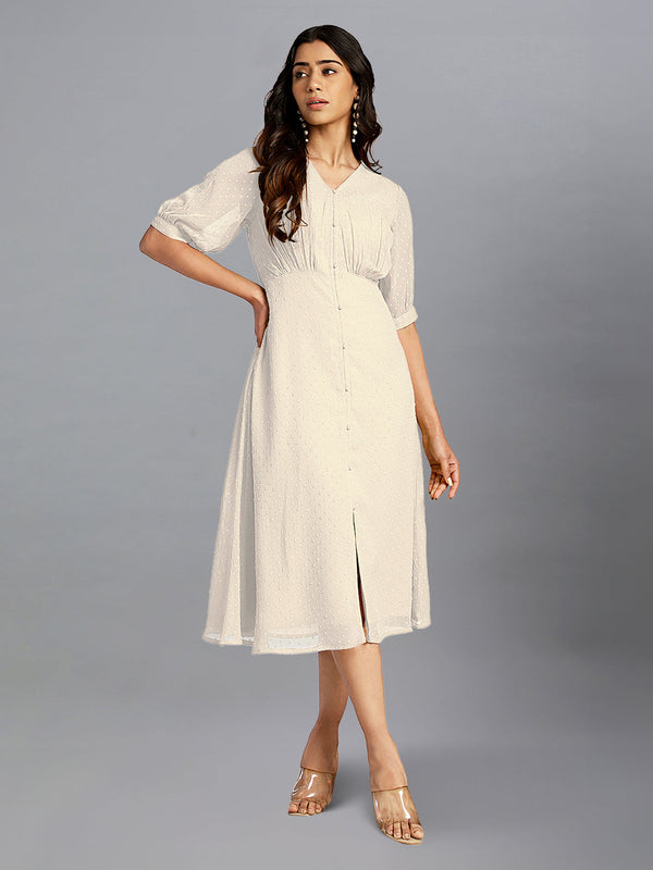 Off White Dobby Chiffon Self Design A-Line Dress