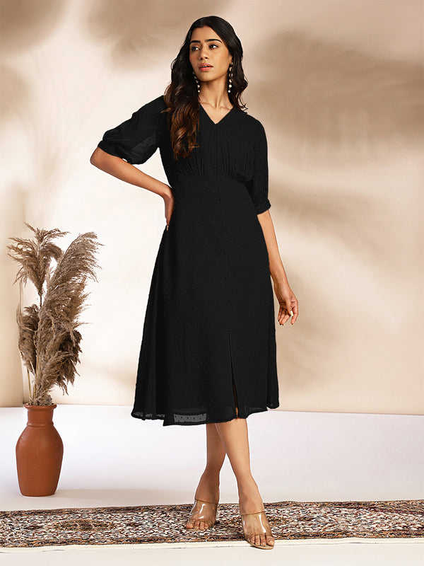 Black Dobby Chiffon Self Design A-Line Dress