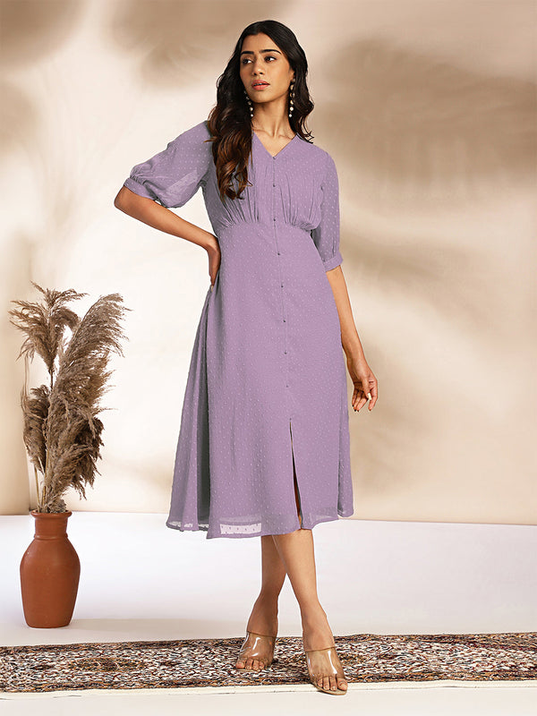 Lavender Dobby Chiffon Self Design A-Line Dress