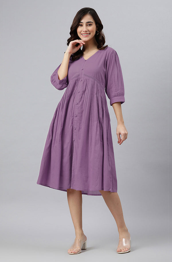 Lavender Pure Cotton Solid Gathered Dress