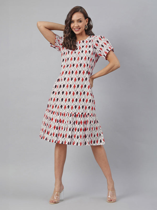 White Pure Cotton Ikkat Printed A-Line Dress