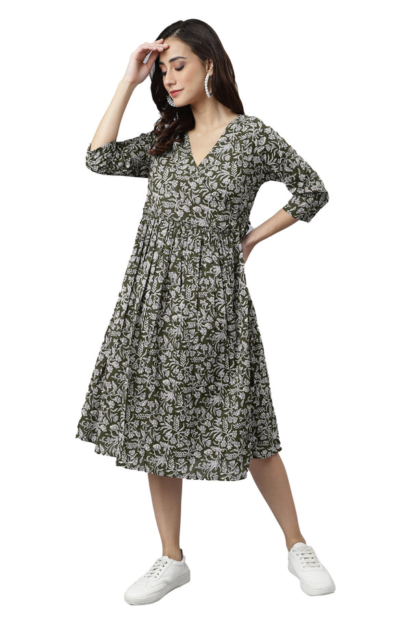 Olive Green Pure Cotton Floral Printed Angrakha Dress