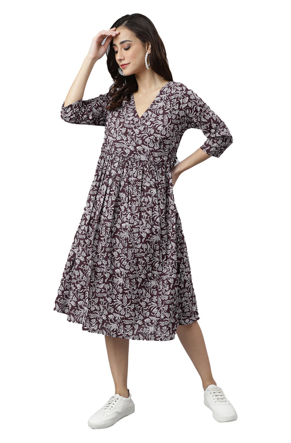 Wine Pure Cotton Floral Printed Angrakha Dress