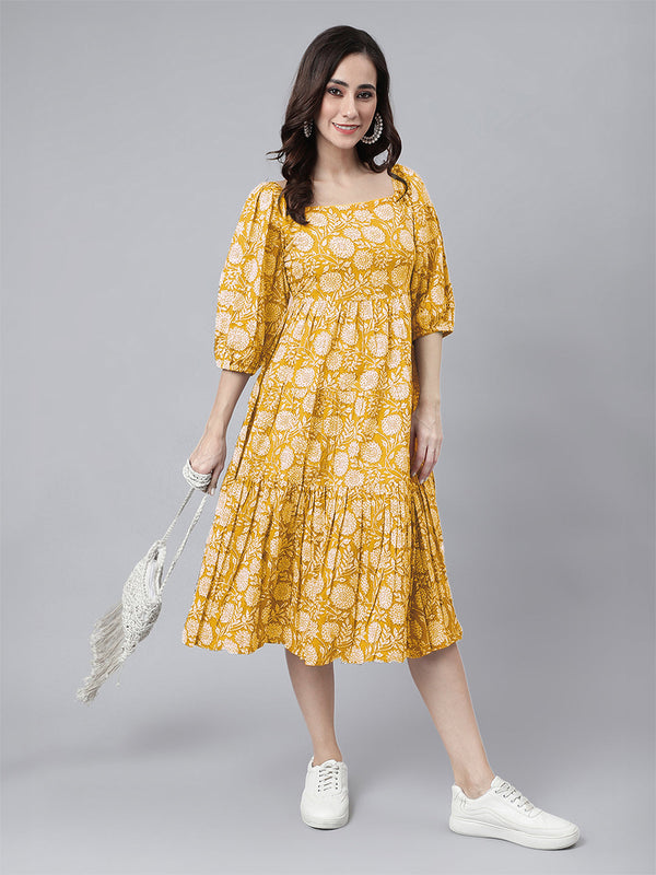 Yellow Pure Cotton Floral Printed Tiered Dress