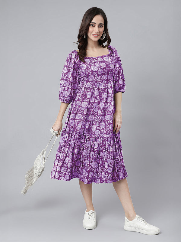 Purple Pure Cotton Floral Printed Tiered Dress