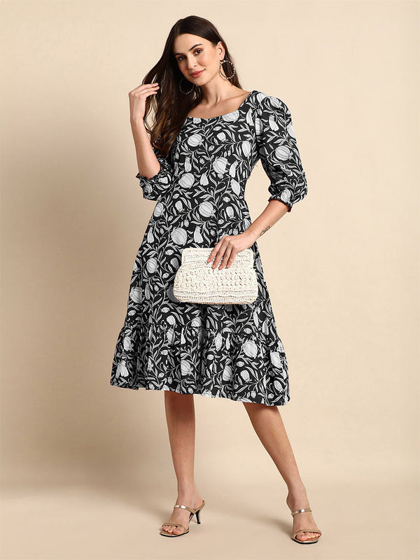 Black Pure Cotton Floral Printed A-Line Dress