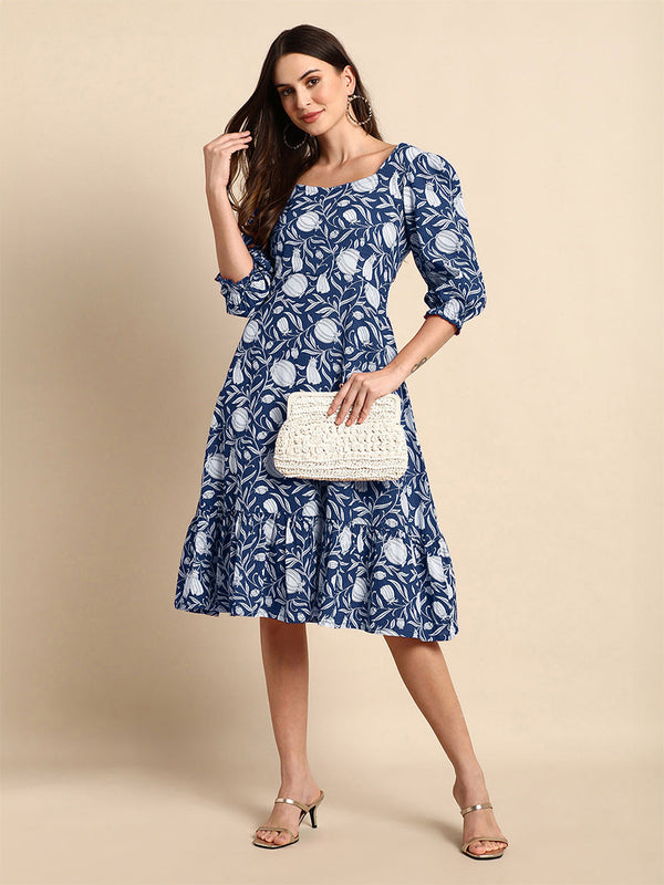 Indigo Pure Cotton Floral Printed A-Line Dress