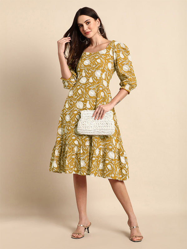 Mustard Pure Cotton Floral Printed A-Line Dress