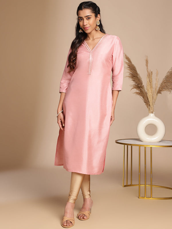 Pink Crepe Silk Solid Straight Kurta