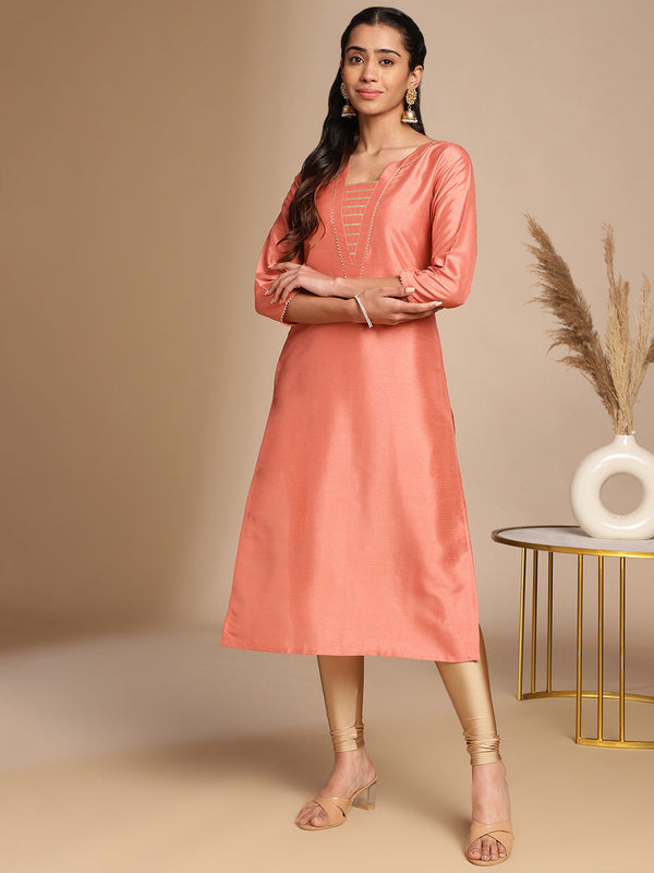 Peach Crepe Silk Solid Straight Kurta