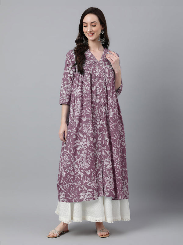 Purple Pure Cotton Floral Printed Flared Kurta