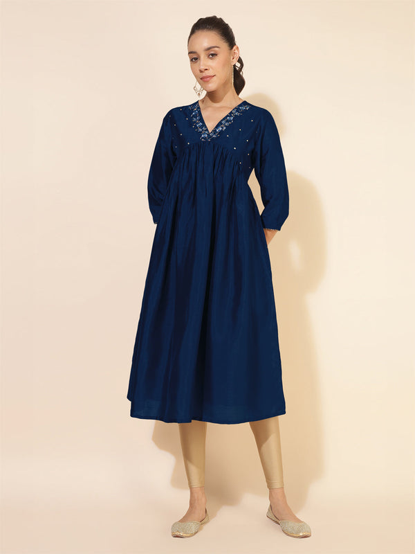 Blue Silk Blend Yoke Embroidered A-Line Kurta