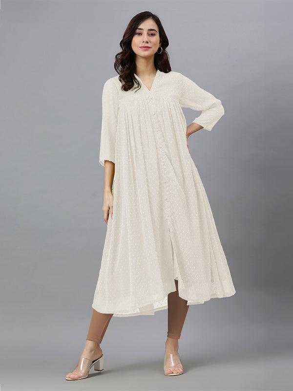 Off White Dobby Chiffon Self Design Flared Kurta