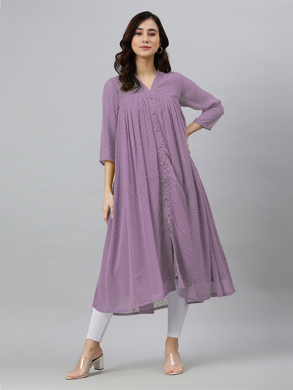 Lavender Dobby Chiffon Woven Design Front Slit Flared Kurta