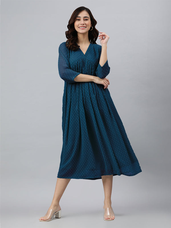 Teal Blue Dobby Chiffon Self Design Flared Kurta