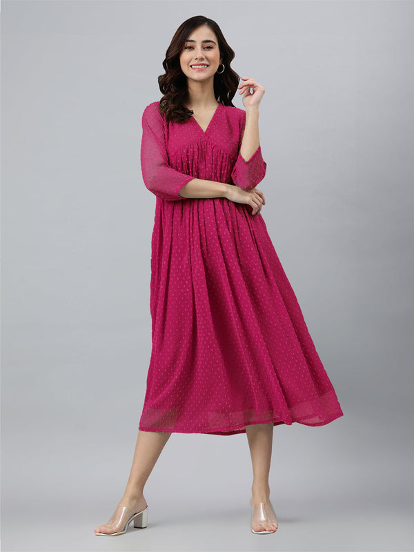 Rani Pink Dobby Chiffon Self Design Flared Kurta