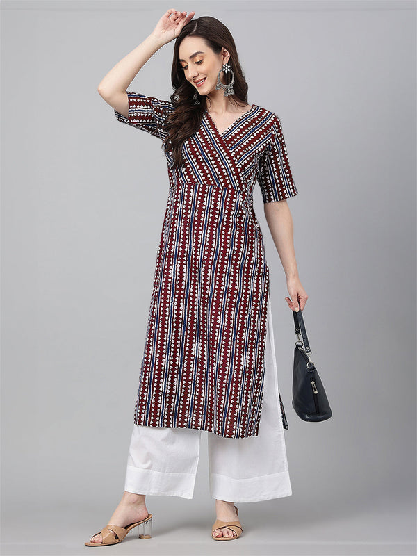 Maroon Pure Cotton Geometric Printed Straight Kurta