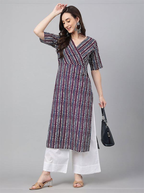 Wine Pure Cotton Geometric Printed Straight Kurta