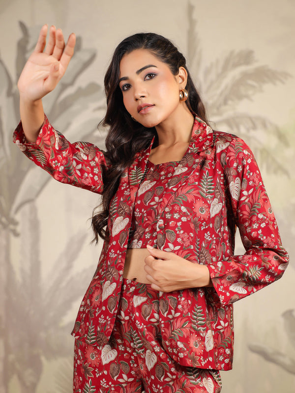 Maroon Silk Blend Floral Printed Top With Pant & Jacket Set