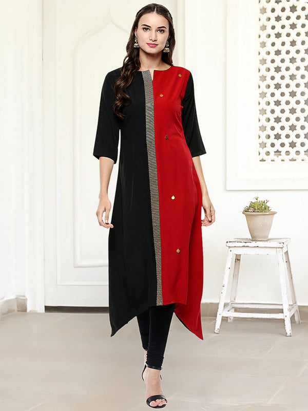 Black And Red Poly Crepe Asymmetric Kurta