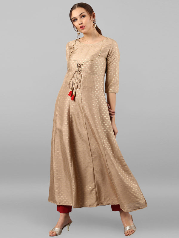 Beige Poly Silk Foil Print Anarkali Kurta