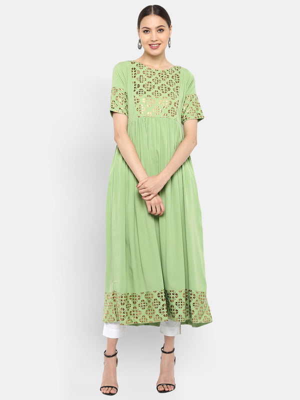 Light Green Poly Crepe Gold Print Flared Kurta