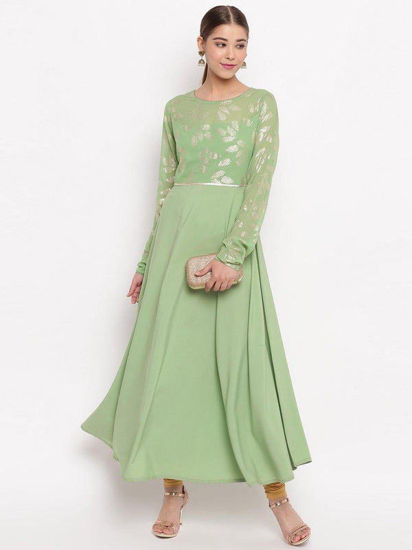 Light Green Poly Crepe Botanical Print Gown Kurta