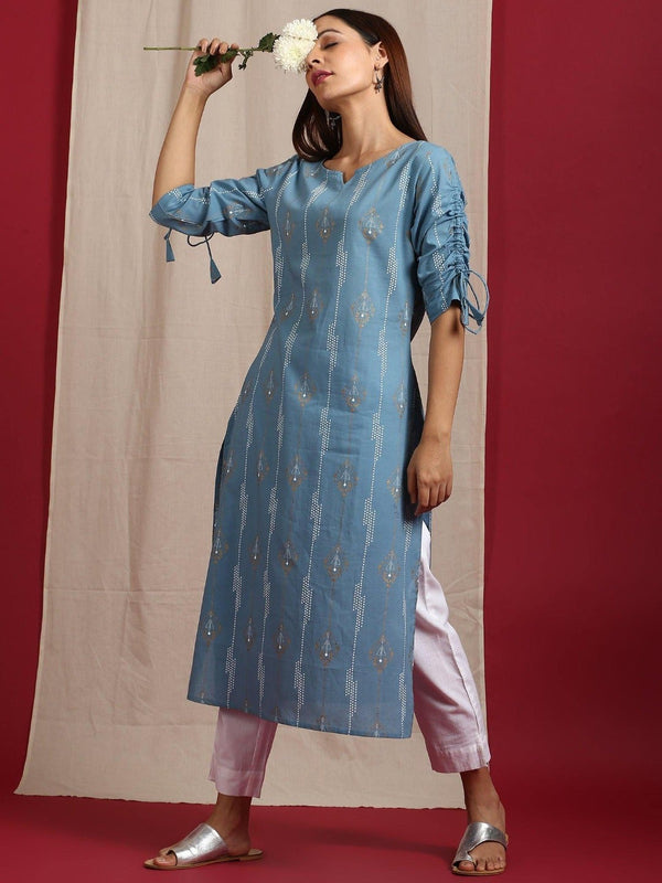 Turquoise Blue Cotton Ethnic Motifs Straight Kurta