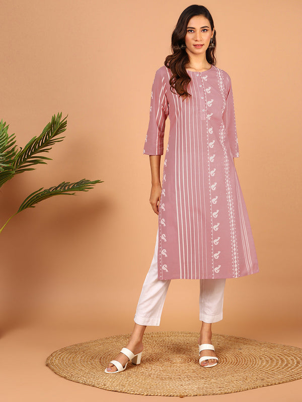 Pastel Pink Cotton Animal Print Straight Kurta