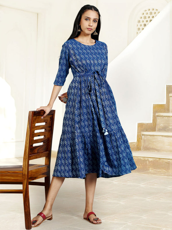 Blue Cotton Woven Design Flared Western Dress