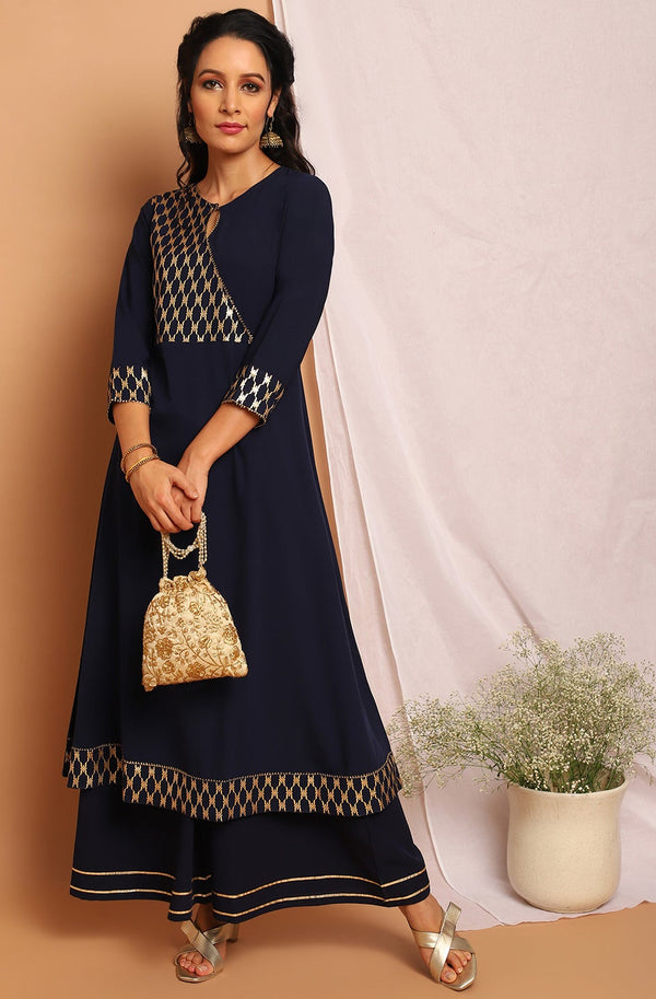 Navy Blue Poly Crepe Ethnic Motifs Flared Kurta