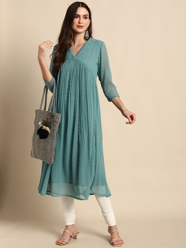 Green Poly Chiffon Self Design Flared Kurta