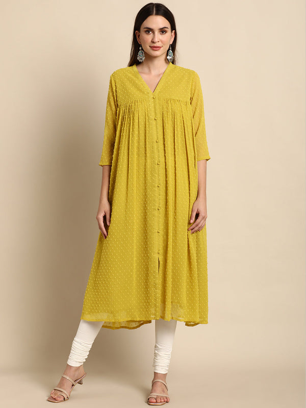 Mustard Poly Chiffon Self Design Frontslit Kurta