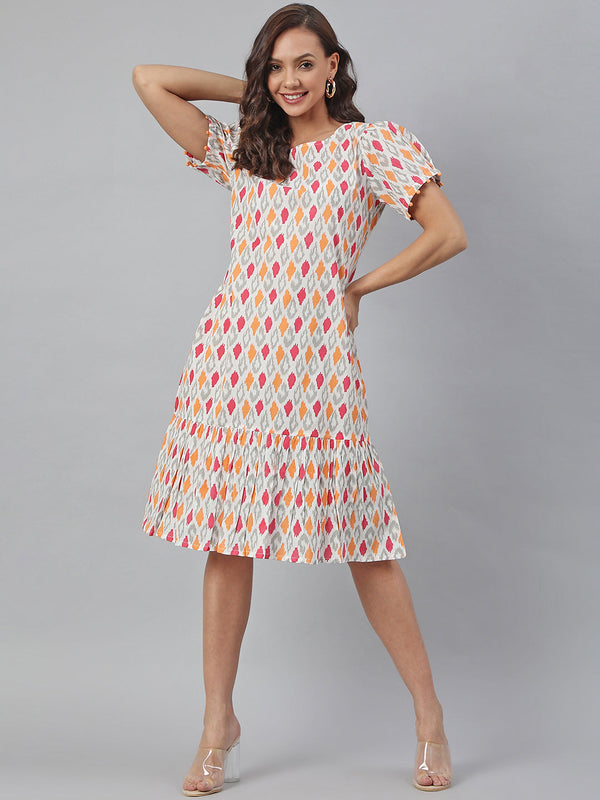 Off White Cotton Printed A-line Western Dress