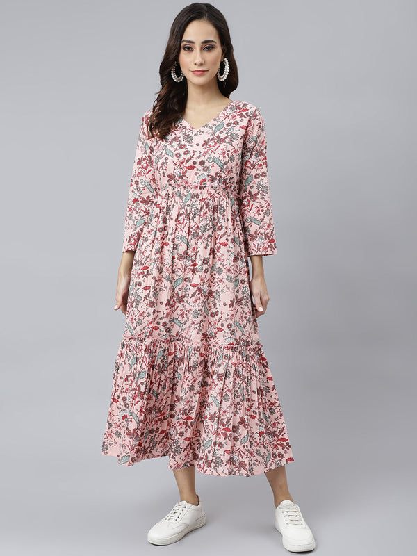 Peach Cotton Floral Print Flared Kurta